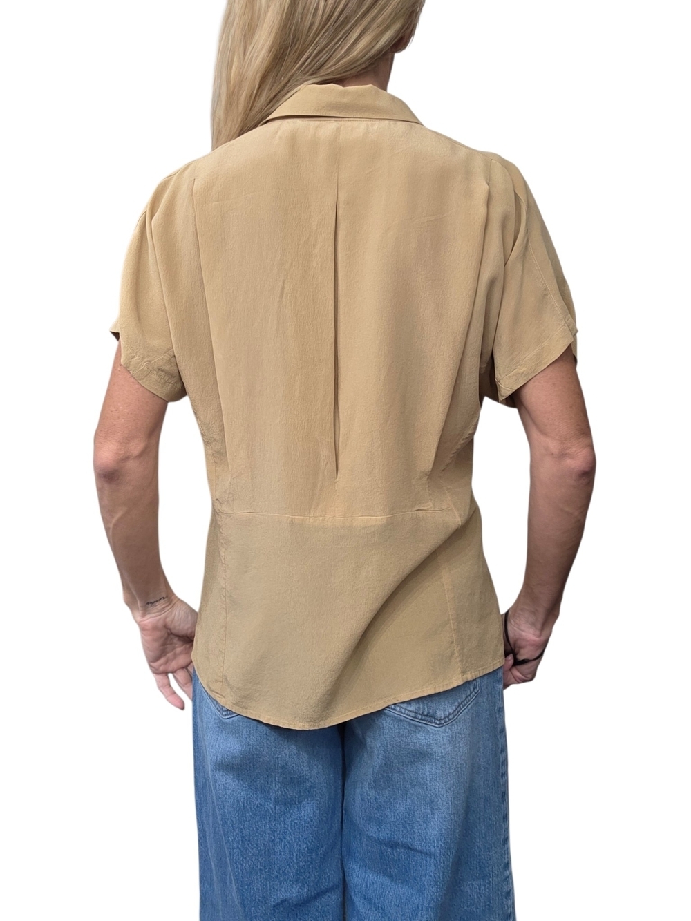 Vintage 90s Haberdasher 100% Silk Tan Camp Collar Blouse L - Picture 2 of 6